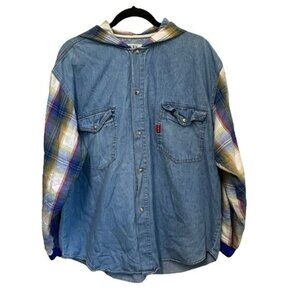 Vintage 90's XL Yes Denim Shirt Plaid Sleeves Hooded Pearl Snap Long Sleeve